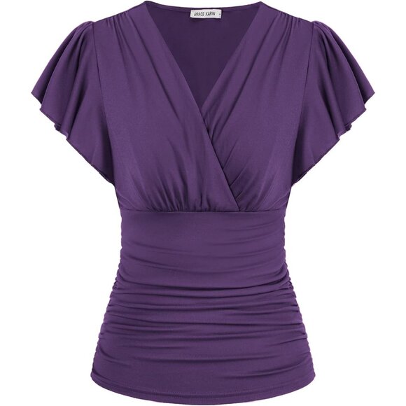 Tops - Women's Tops Summer Elegant Wrap Blouse V Neck Long Sleeve Casual Ruched Top